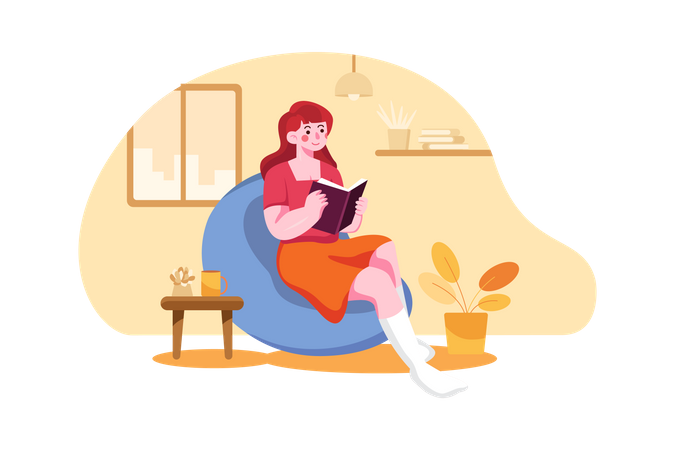 Girl reading a book at home Illustration