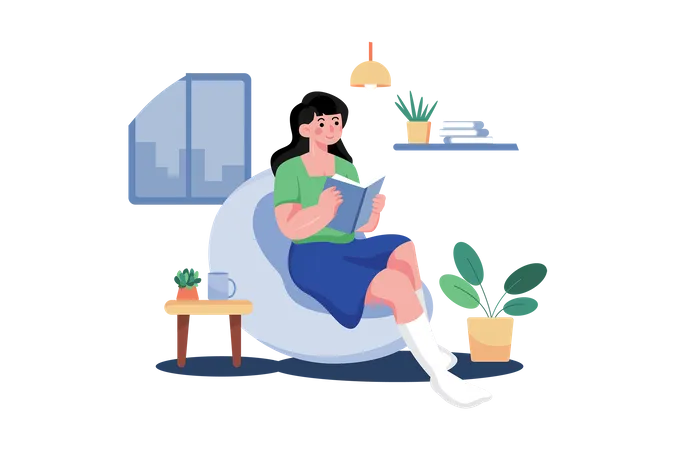 Girl Reading A Book At Home  Illustration