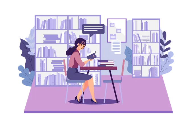 Girl Reading A Book In The Library Illustration