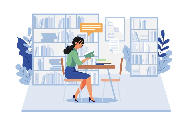 Girl Reading A Book In The Library  Illustration