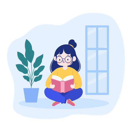 Girl Reading a Book in the Library  Illustration