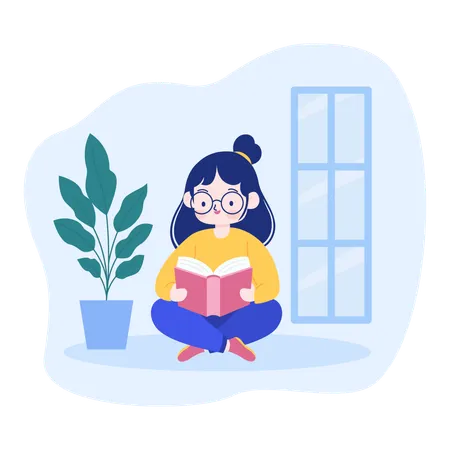 Girl Reading a Book in the Library  Illustration