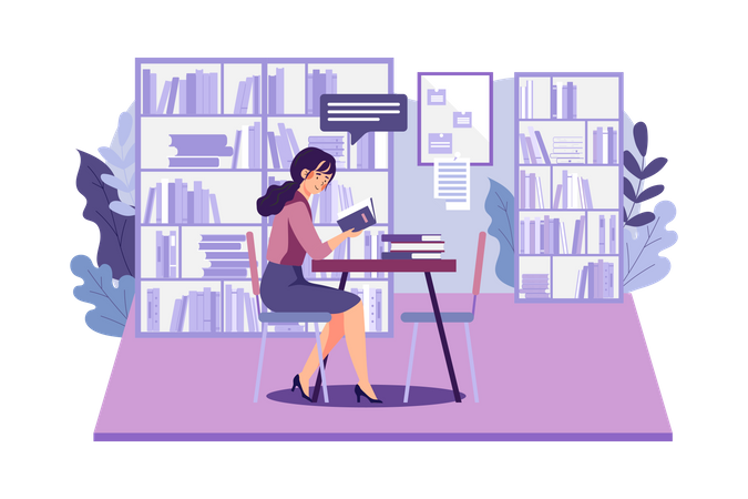 Girl Reading A Book In The Library  Illustration