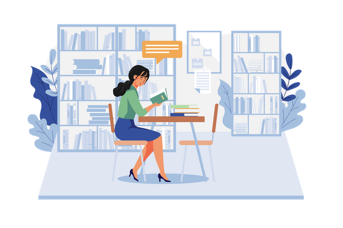 Girl Reading A Book In The Library  Illustration