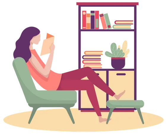 A Young Woman Refreshed The Morning With A New Book In Her Lounge She Can Read Books View The Artworks In This Room Vector Illustration Flat Design Illustration