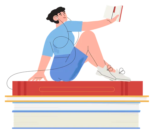 Vector Illustration Of Woman Sitting On Pile Of Books And Reading Book Crossing Market Or E Book Online Library World Literacy Or Reading Day Illustration