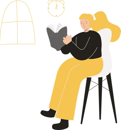 Flat People Reading Book At Home Illustration