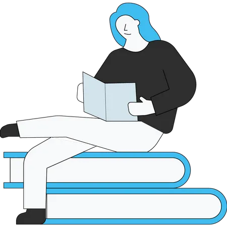 The Girl Is Sitting On The Books Reading A Book Illustration