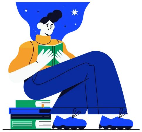 Girl Character Reading A Story While Sitting On A Pile Of Different Books Concept Of Online Library Or Listen Online World Book Reading Or Literacy Day For Banner Article Or Social Media Blog Post Illustration