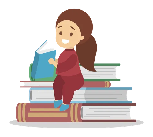 Child Reading Book Kid Read In Kindergarten Or School Sitting On The Pile Of Books Flat Vector Illustration Illustration