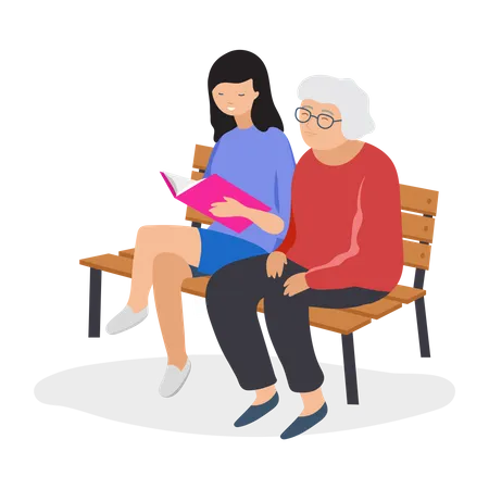 Girl reading book for old woman  Illustration