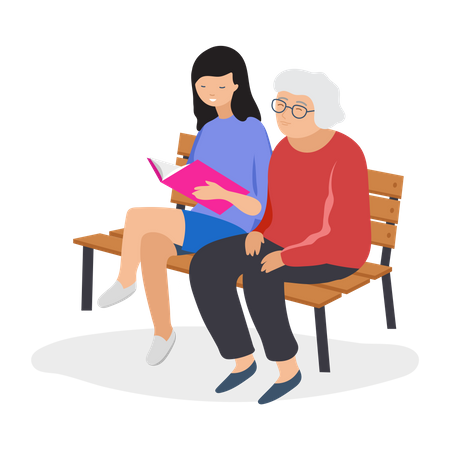 Girl reading book for old woman  Illustration