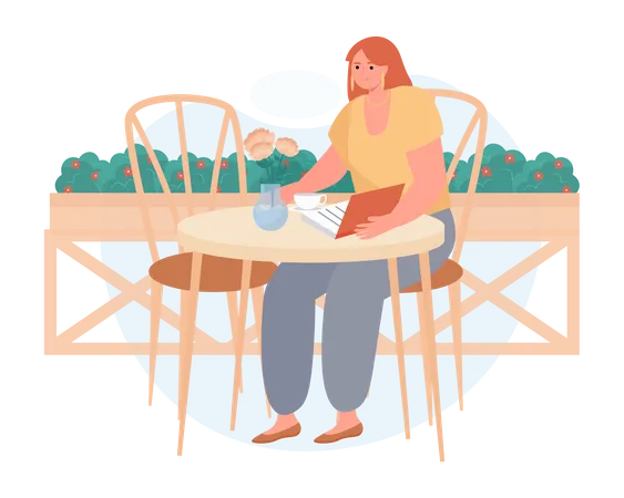 Girl reading book in a cafeteria  Illustration