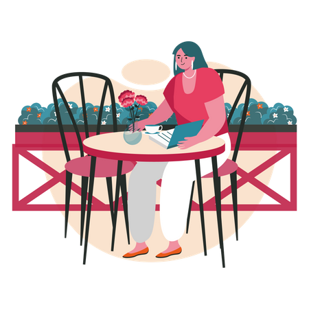 Girl reading book in a cafeteria Illustration