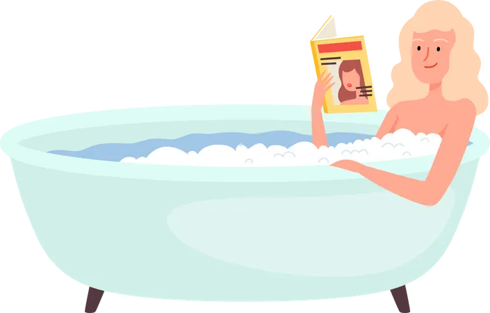 Girl Reading Book In Bathtub Illustration
