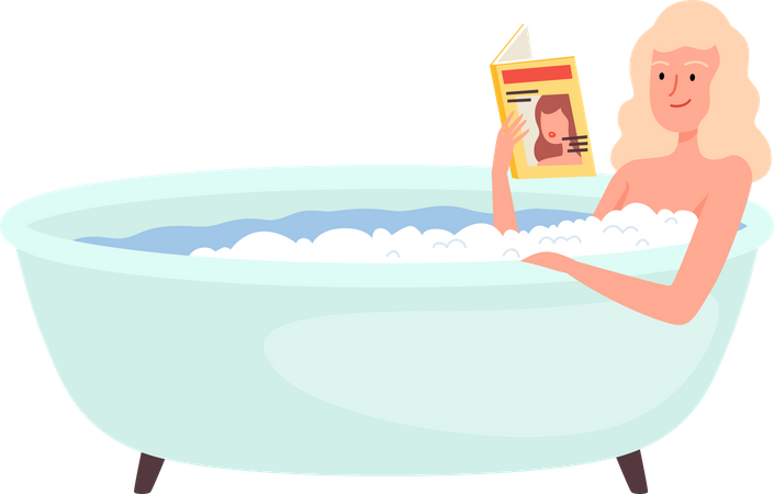 Girl Reading Book In Bathtub  Illustration