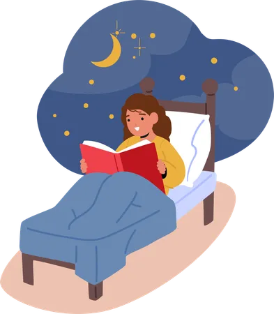 Girl Character Reading Curled Up In Bed Child Engrossed In A Book Lost In A World Of Imagination As The Soft Glow Stars And Crescent Illuminates The Pages Cartoon People Vector Illustration Illustration
