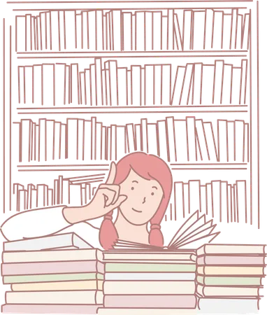 Girl reading book in library  Illustration