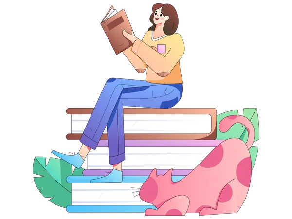 Girl reading book in library  Illustration