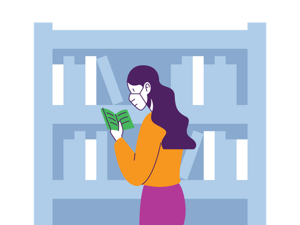 Girl reading book in library  Illustration