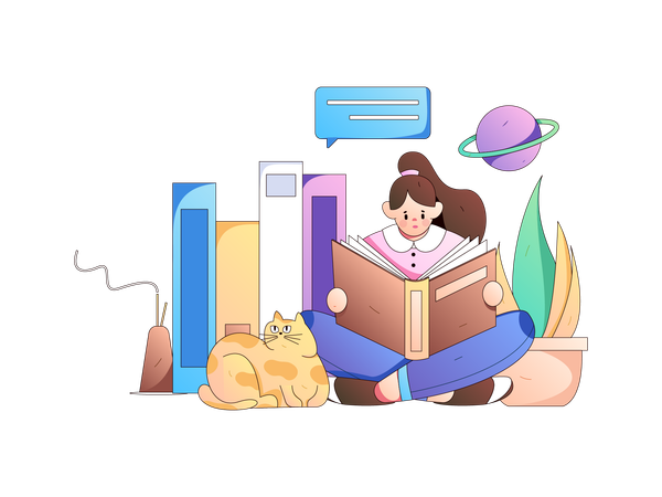 Girl reading book in library  Illustration