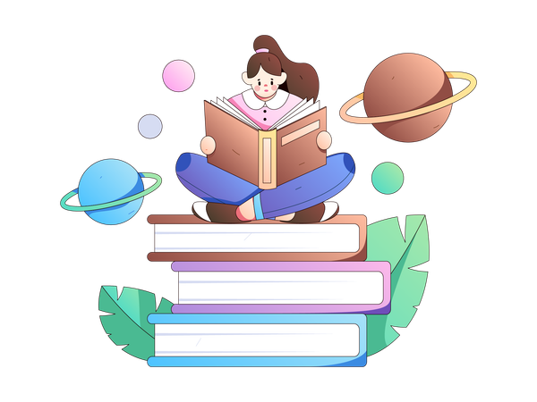 Girl reading book in library  Illustration