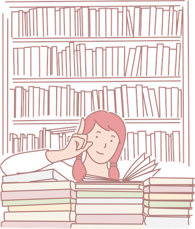 Girl reading book in library  Illustration