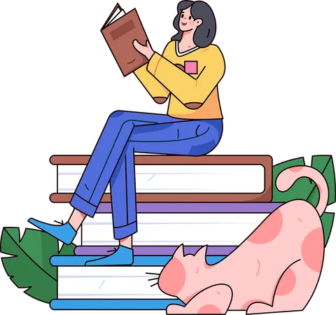 Girl reading book in library  Illustration