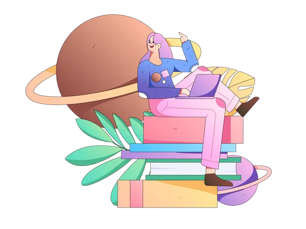 Girl reading book in library  Illustration