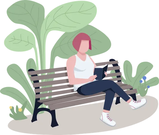 Girl Reading Book In Park Flat Color Vector Faceless Character Lonely Woman Enjoying Novel Student Sitting On Bench With Textbook Isolated Cartoon Illustration For Web Graphic Design And Animation Illustration