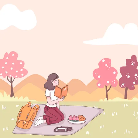 Girl reading book in park  Illustration