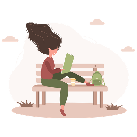 Girl reading book in park Illustration
