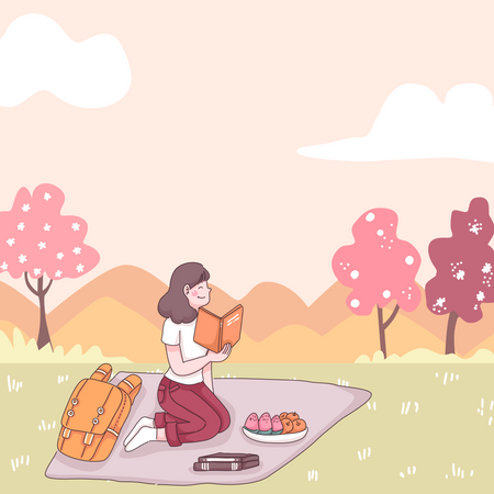 Girl reading book in park  Illustration