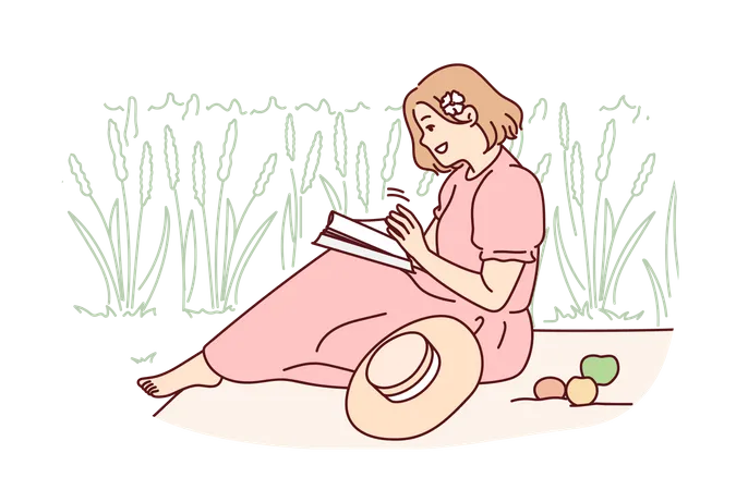 Girl reading book in park  Illustration