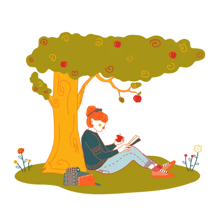 Girl reading book in park  Illustration