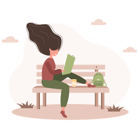 Girl reading book in park  Illustration