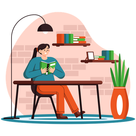 Girl Reading Book In Reading Room  Illustration
