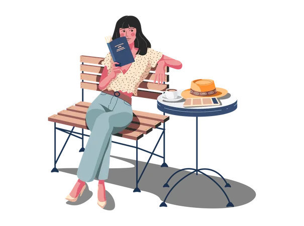 Girl reading book in restaurant  Illustration