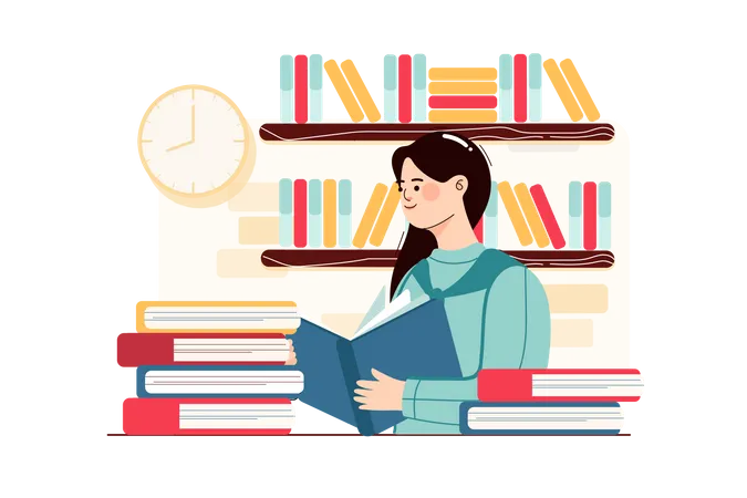 Girl reading book in school library Illustration