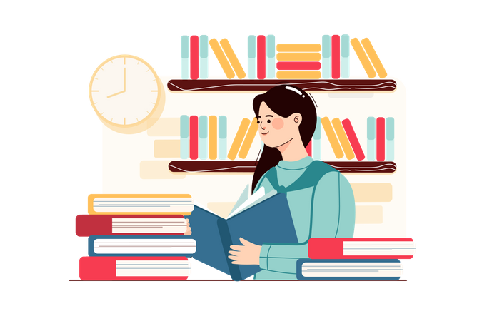 Girl reading book in school library  Illustration