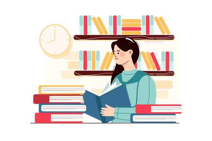 Girl reading book in school library  Illustration