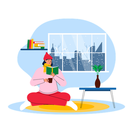 Girl reading book in snowing night  Illustration