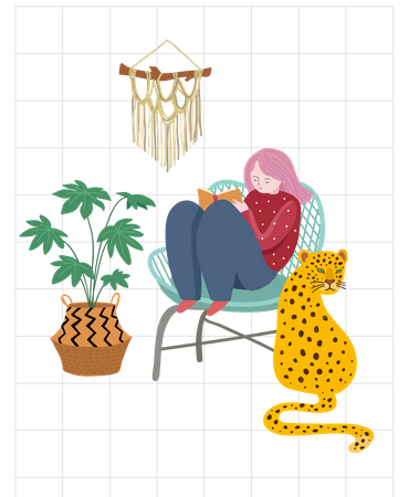 Girl reading book near jungle leopard Illustration