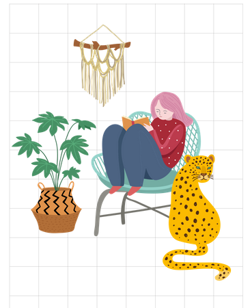 Girl reading book near jungle leopard  Illustration