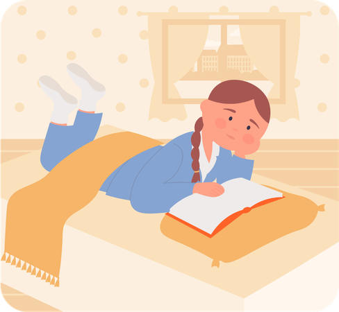Girl reading book on bed  Illustration