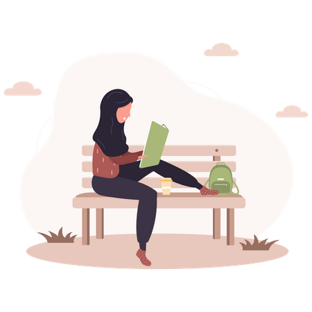 Girl reading book on bench Illustration