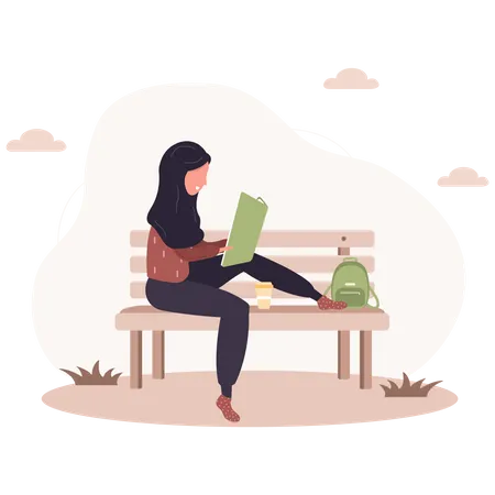 Girl reading book on bench Illustration