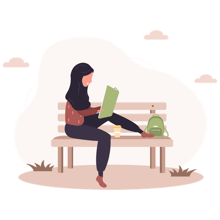 Girl reading book on bench  Illustration