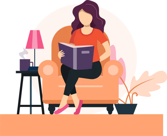 Girl Reading Book On The Sofa Illustration