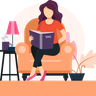 illustration girl reading book on sofa